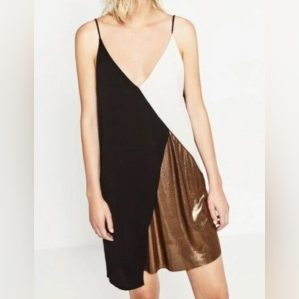 Colorblock Slip Mini Dress in Black, White & Bronze